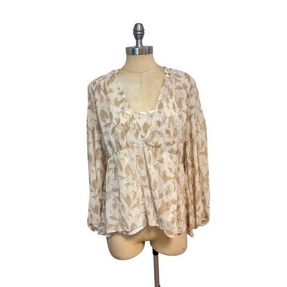 Cabi Couplet Blouse #4156 Beige White Leaf Print Medium 2 Pc - Picture 1 of 4